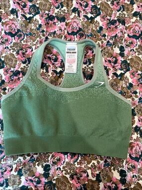 Gymshark Olive Green Seamless Racerback Sports Bra with Subtle Shimmer